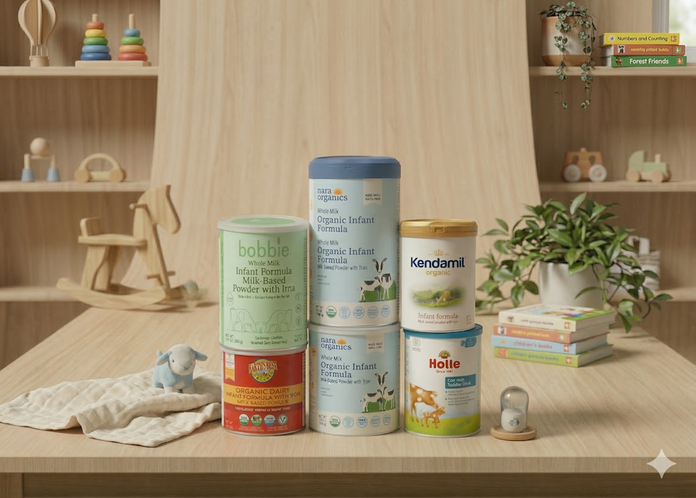 A variety of organic infant formula cans, including brands Bobbie and Kendamil, stacked on a wooden table in a sunlit nursery.