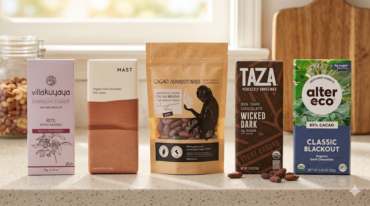An image of five premium chocolate products, including bars from Villa Kuyaya, Mast, Taza, Alter Eco, and a pouch of Cacao Adventures cacao beans, lined up side-by-side on a light-colored kitchen countertop for a product review blog.