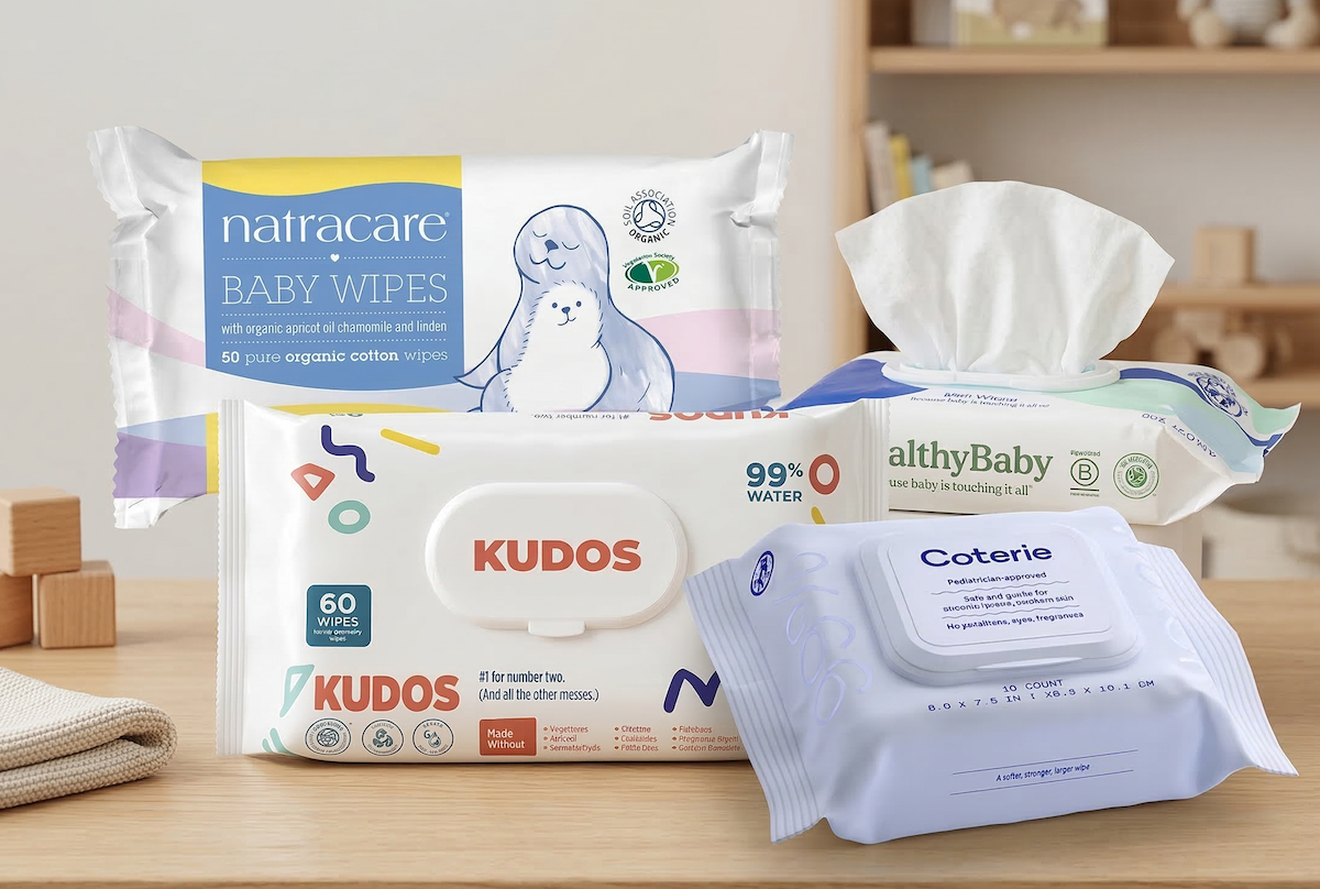 Packs of premium baby wipes from brands like Natracare, Kudos, and Coterie arranged on a wooden table in a nursery.