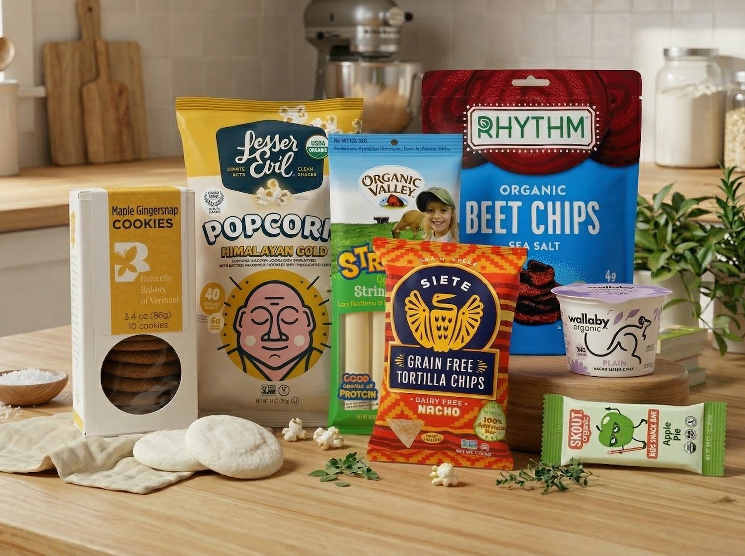 An assortment of organic snacks, including Lesser Evil popcorn and Siete chips, displayed on a wooden table in a sunlight kitchen.