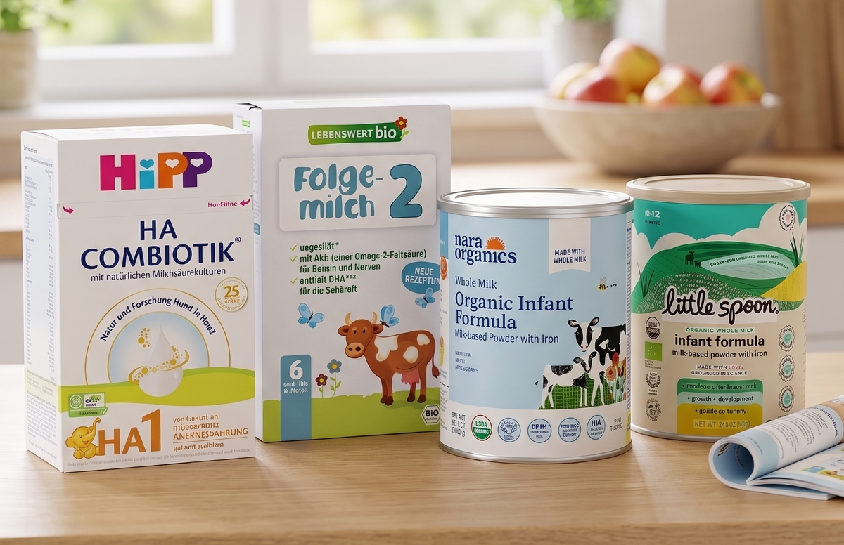 An image for a baby formula guide featuring containers of HiPP, Lebenswert Bio, Nara Organics, and Little Spoon formula lined up on a bright, modern kitchen counter.
