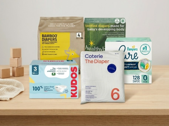 A photo of 6 diaper brands for review by Gimme the Good Stuff.
