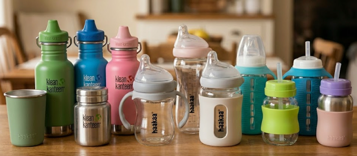 A varied collection of stainless steel and glass sippy cups and toddler training cups, including Klean Kanteen, Haakaa, and other popular brands, displayed on a wooden counter..