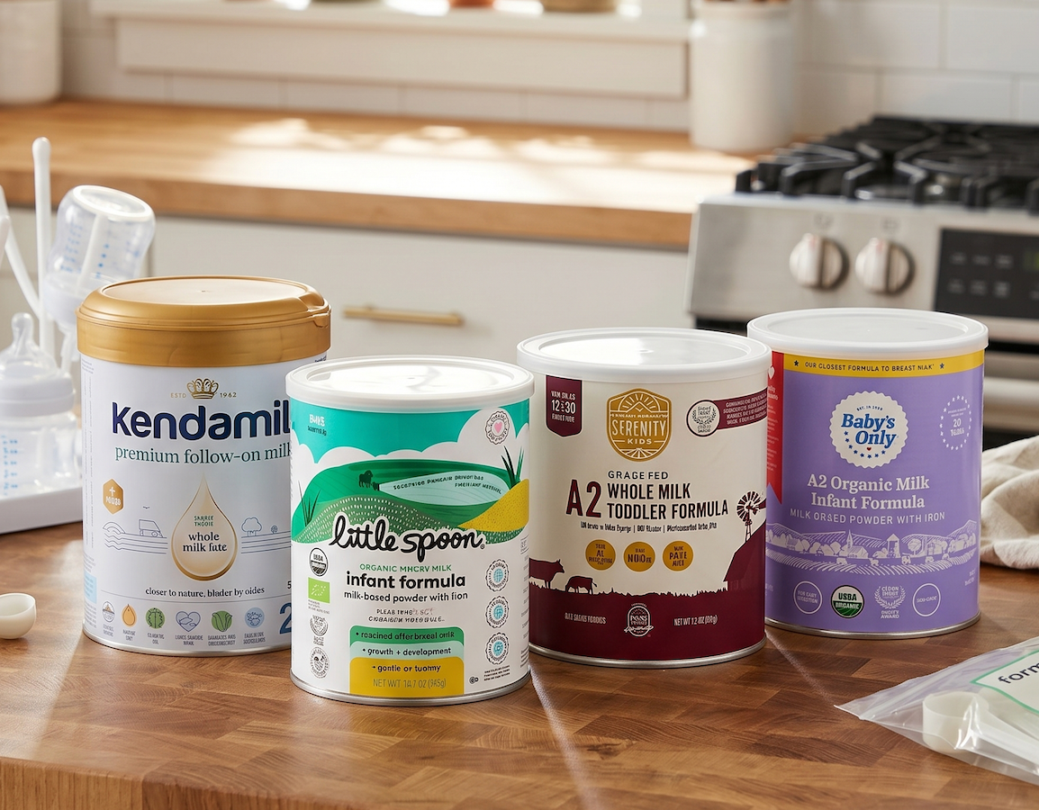 Four different cans of baby formula sit on a wooden kitchen counter.