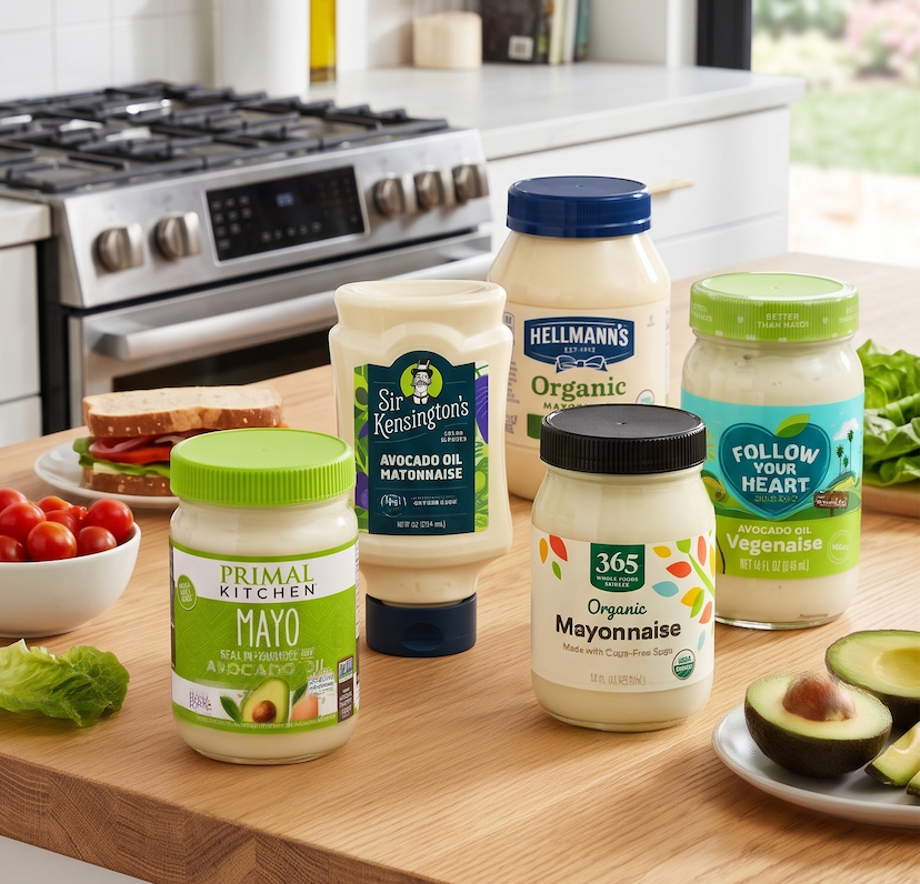 A selection of avocado oil mayonnaise and Vegenaise jars, including Primal Kitchen, Sir Kensington's, Hellmann's, 365, and Follow Your Heart brands, displayed on a wooden kitchen island alongside halved avocados, tomatoes, and lettuce.