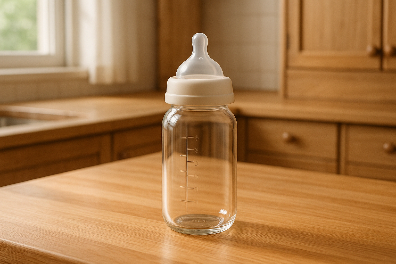 Clear glass baby bottle with white nipple sitting on a wooden kitchen counter.