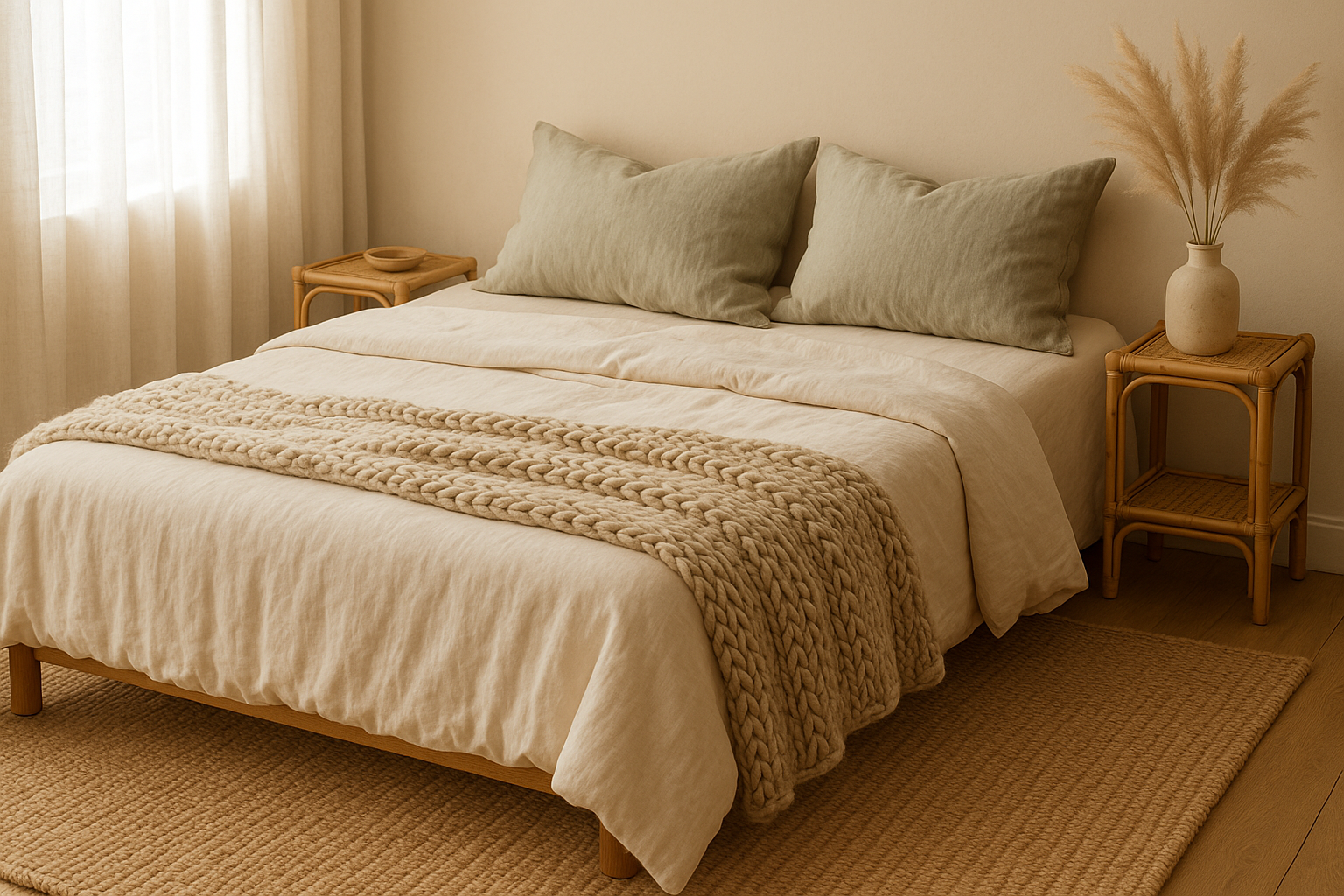 Minimalist bedroom with a neatly made bed, cream bedding, green pillows, a knitted throw, and natural wood furniture with soft natural light.