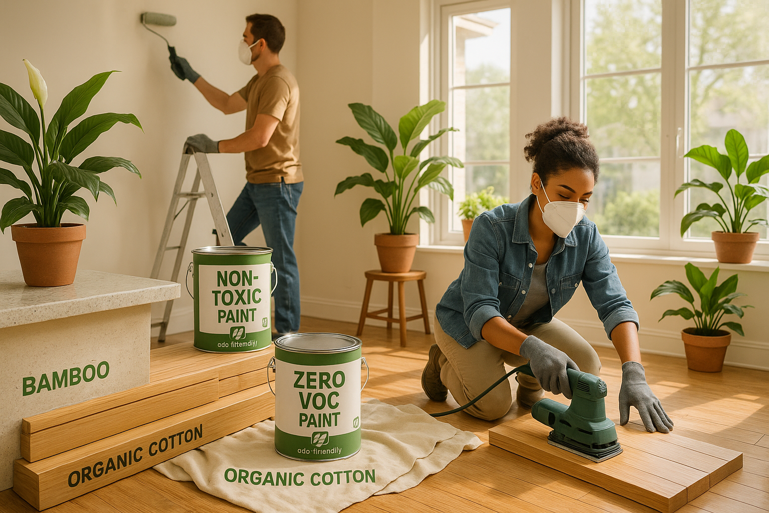 A man and a woman renovating their living room with non-toxic paint and home supplies.