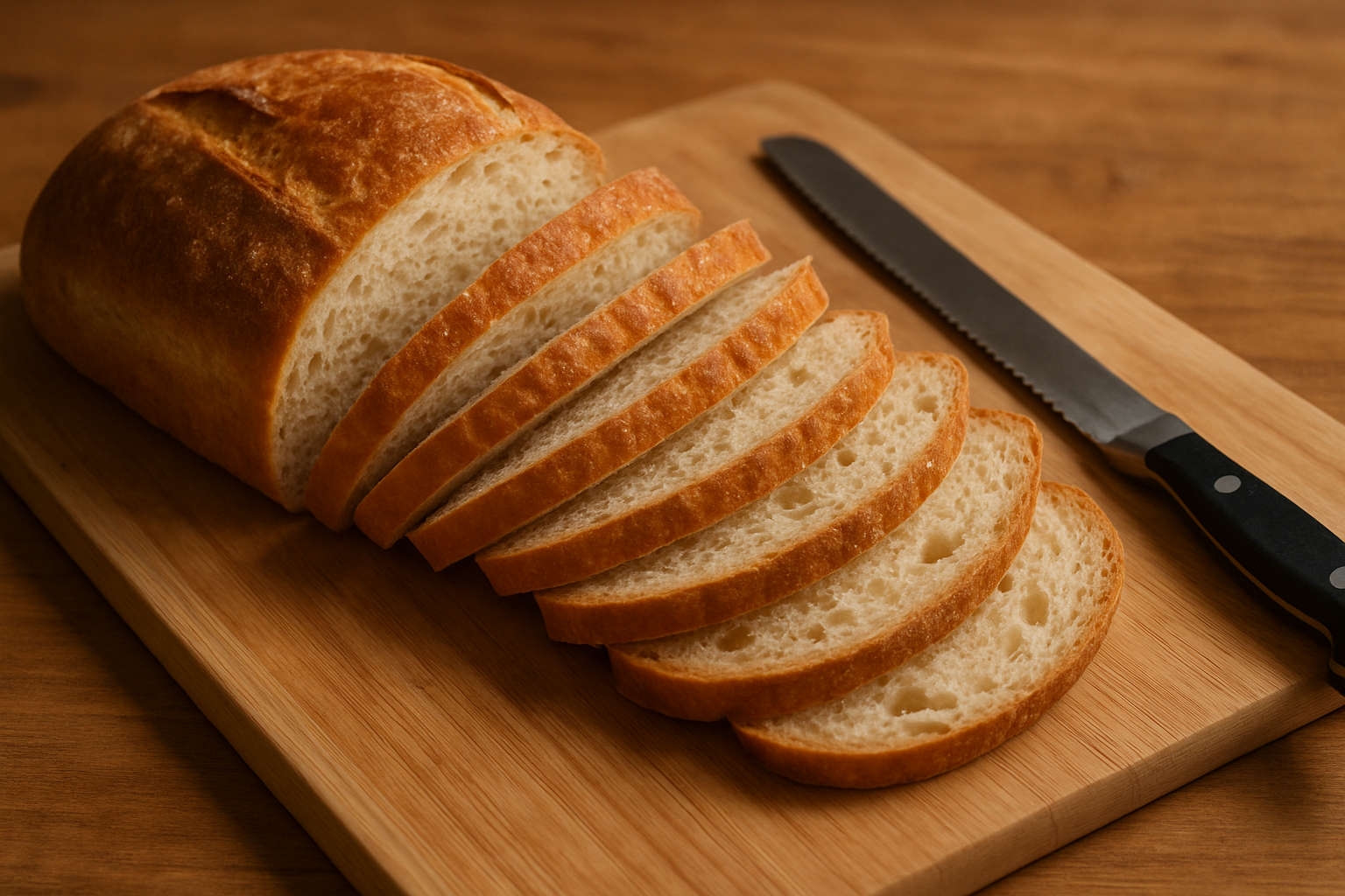Sliced loaf of bread on a wooden cutting board with a bread knife.