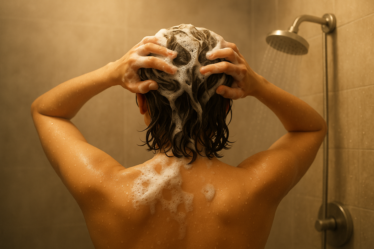 Person washing hair in the shower with shampoo lather.