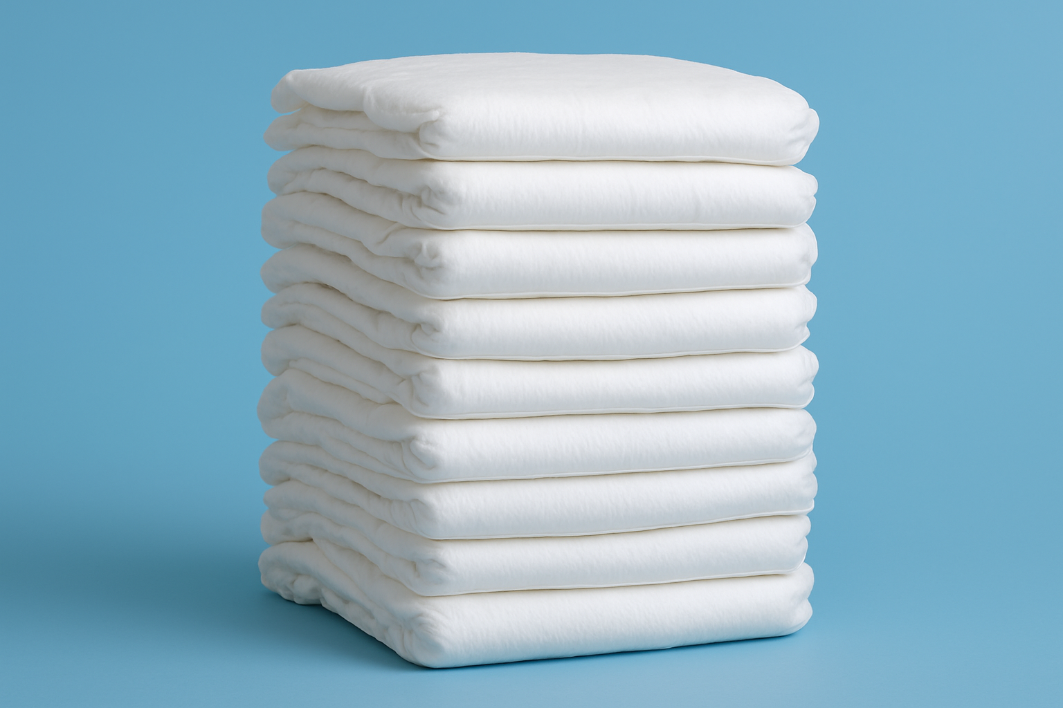 Stack of white disposable diapers against a blue background.