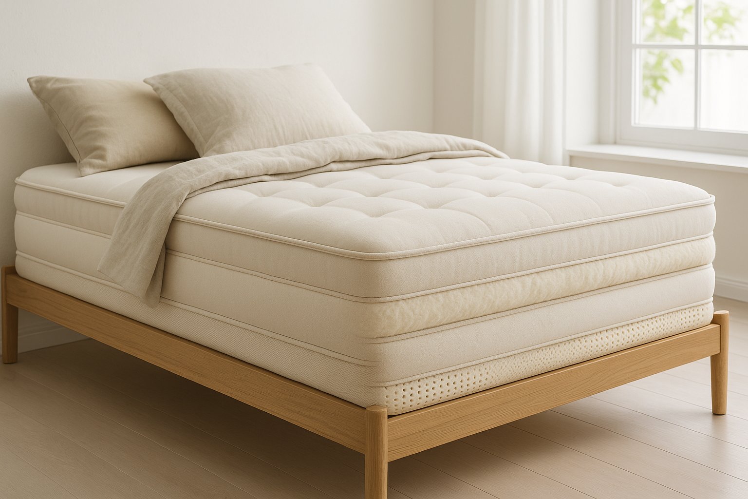 Natural non-toxic mattress with white bedding on a wooden bed frame in a bright, minimal bedroom.