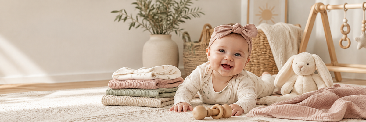 Smiling baby with soft organic clothing and nursery essentials.