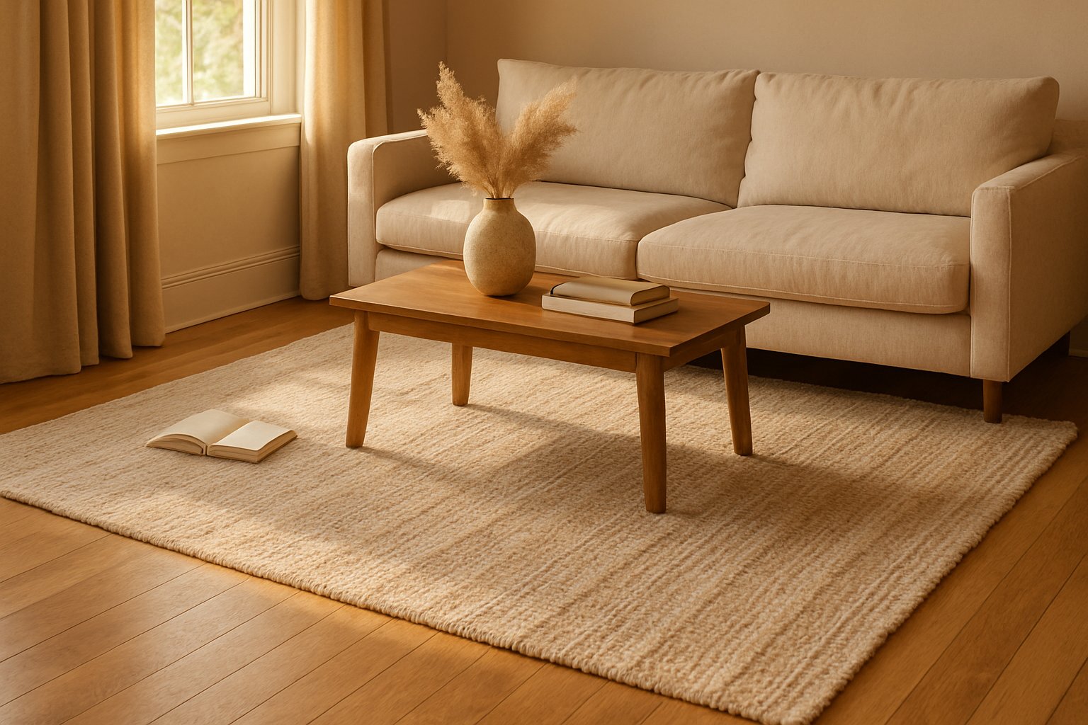 Living room with a natural wool area rug under a wooden coffee table and beige sofa with neutral pillows.