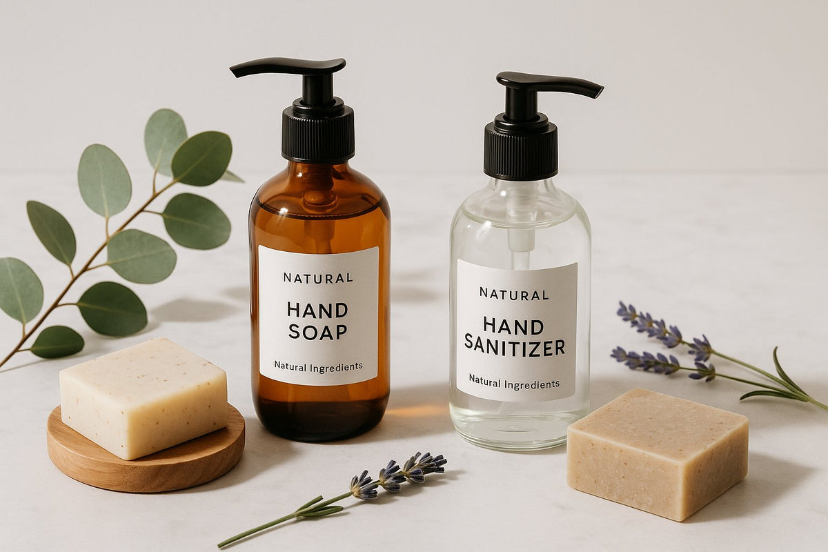 Natural hand soap and sanitizer bottles with bar soaps, lavender, and eucalyptus leaves on a neutral background.