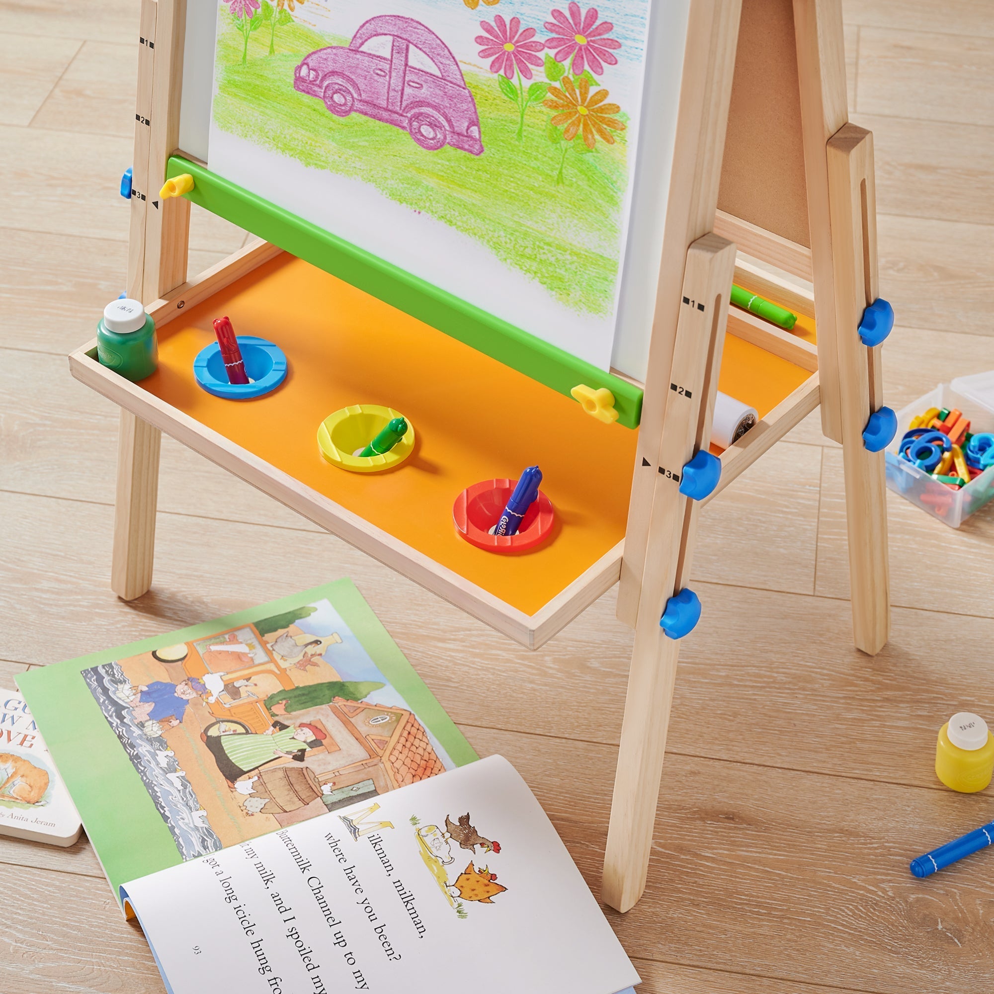Non-toxic kids’ art easel with safe paints, brushes, and eco-friendly creative supplies.