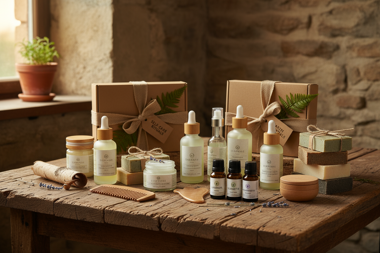 A collection of natural gifts on a wooden table.