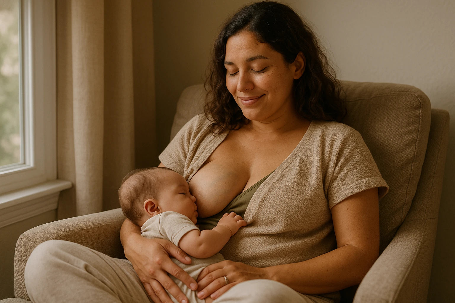Mother sitting on couch breastfeeding her baby
