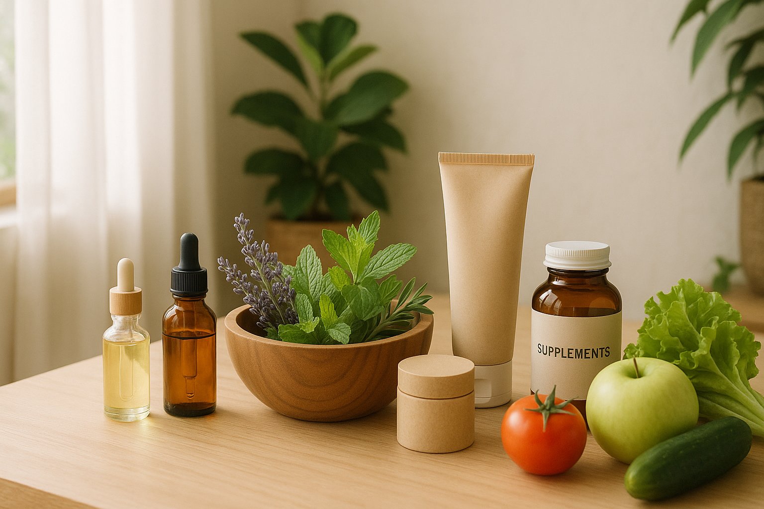 Natural supplements, essential oil bottles, and fresh fruits and vegetables arranged on a wooden table by a window.