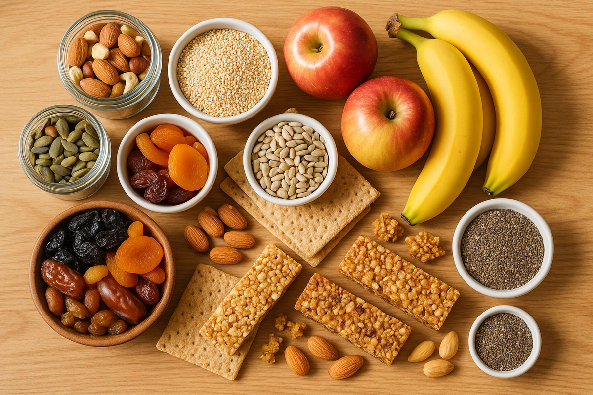 Organic pantry staples including apples, bananas, nuts, grains, and crackers arranged on a wooden surface.