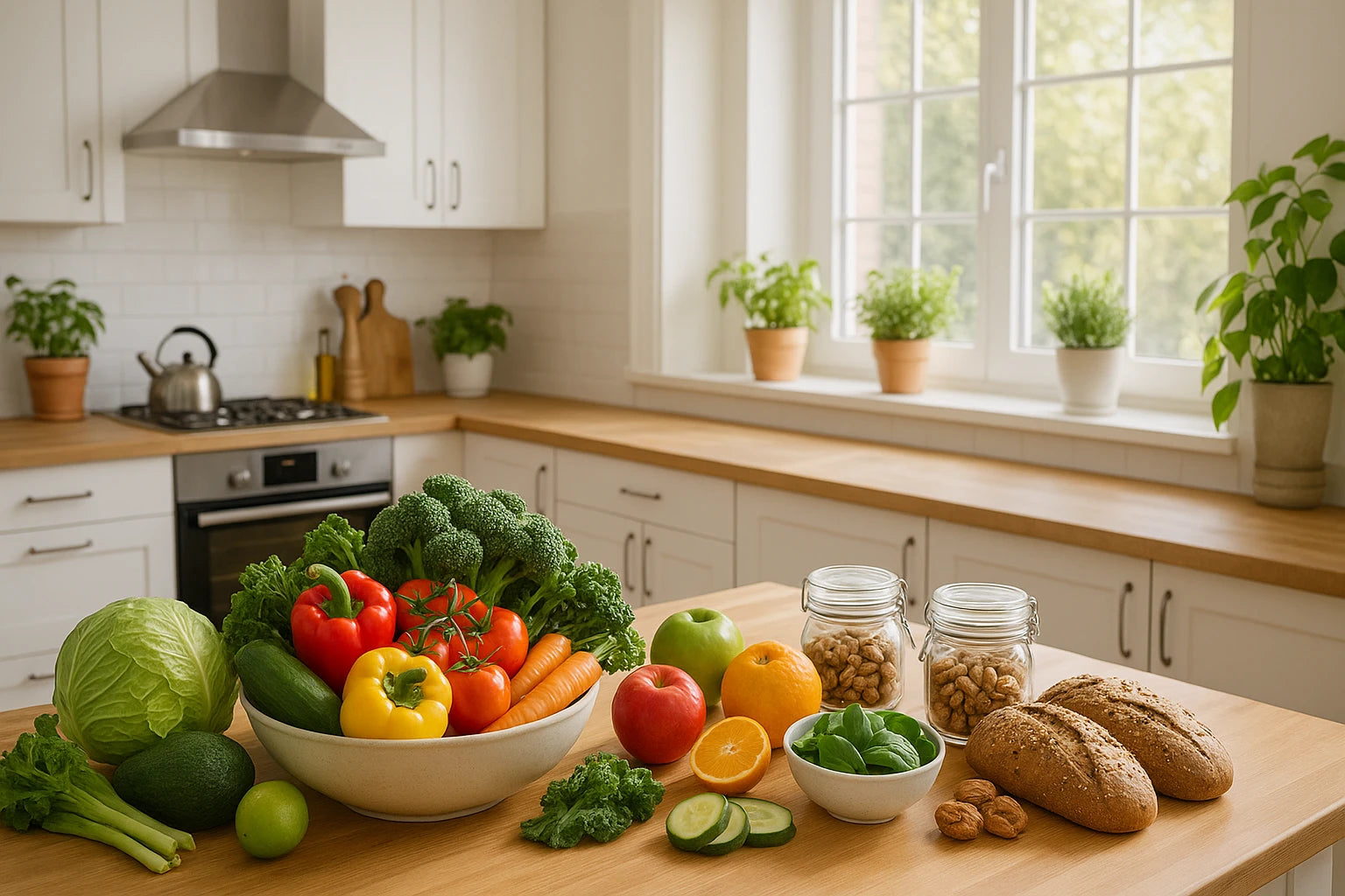 Fresh vegetables, bread, and grains on a wooden kitchen counter with white cabinets and potted herbs by the window.