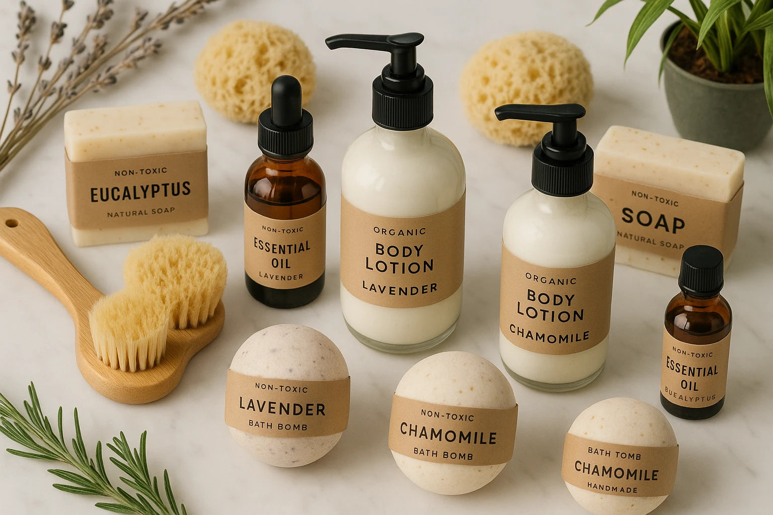 Natural body care products including lotions, essential oils, soaps, bath bombs, and a wooden brush arranged with sponges and greenery.