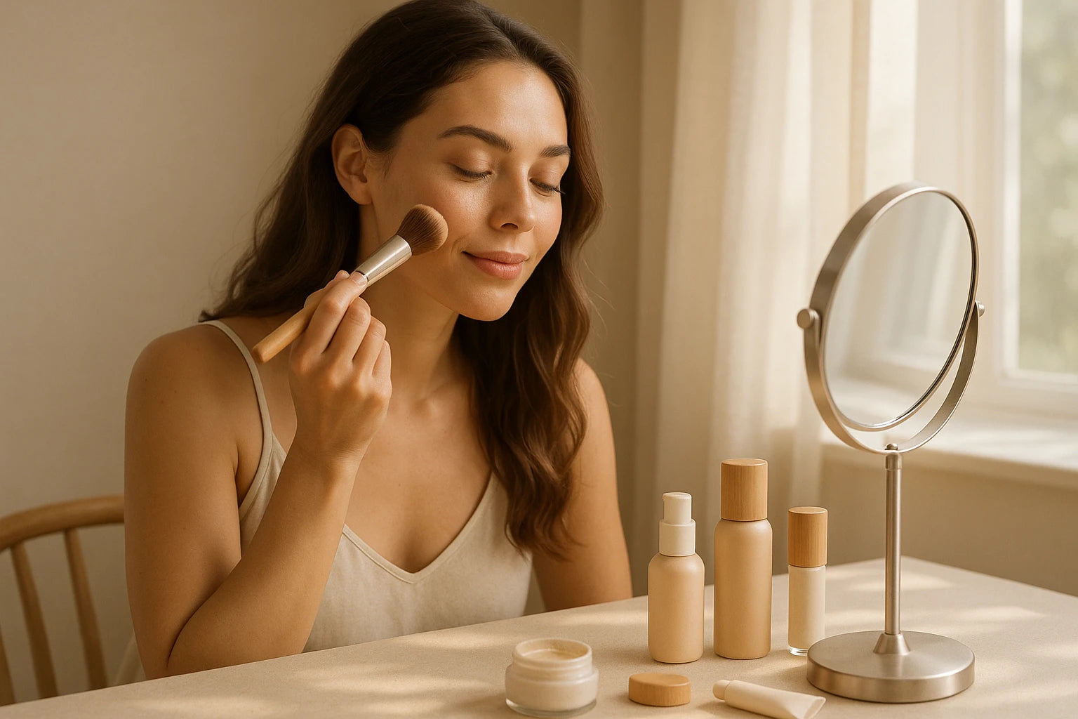 Woman applying makeup with a brush at a vanity, surrounded by natural, eco-friendly cosmetics.