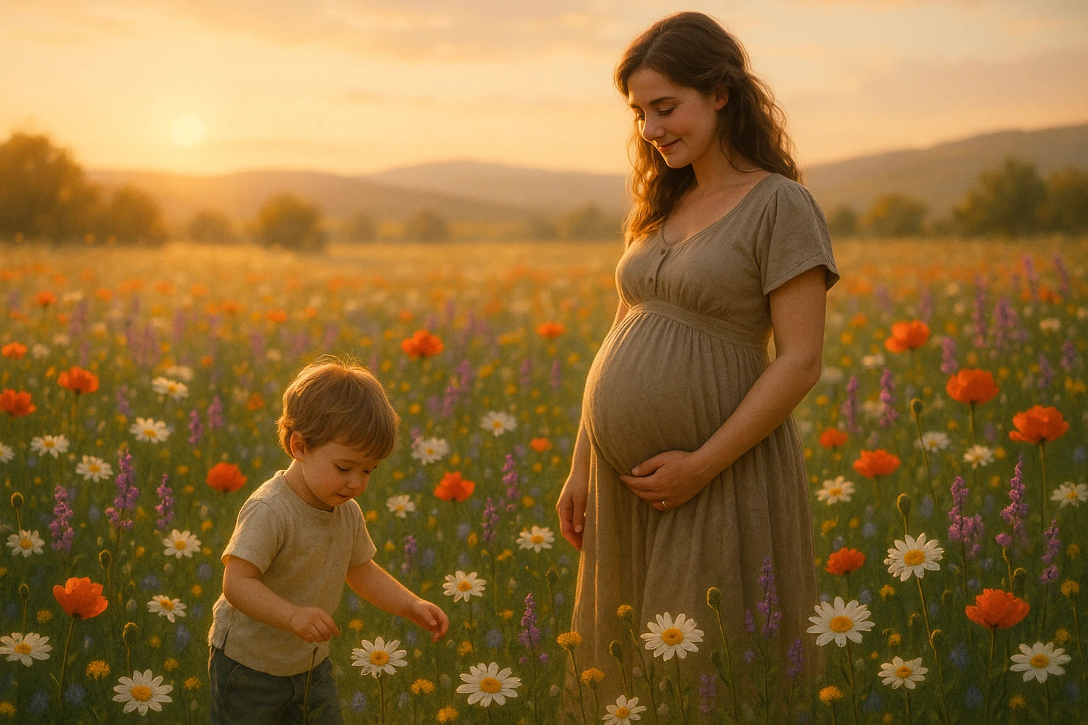 Pregnant woman in a field of flowers with a young child, symbolizing natural and safe motherhood.