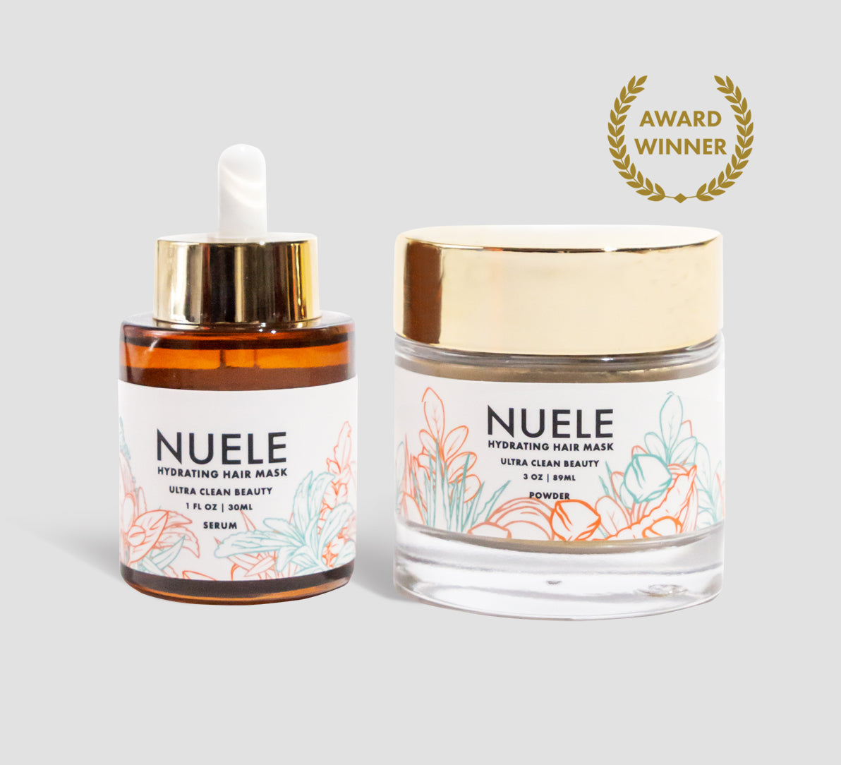 Nuele hair mask serum and jar with award badge on a light gray background