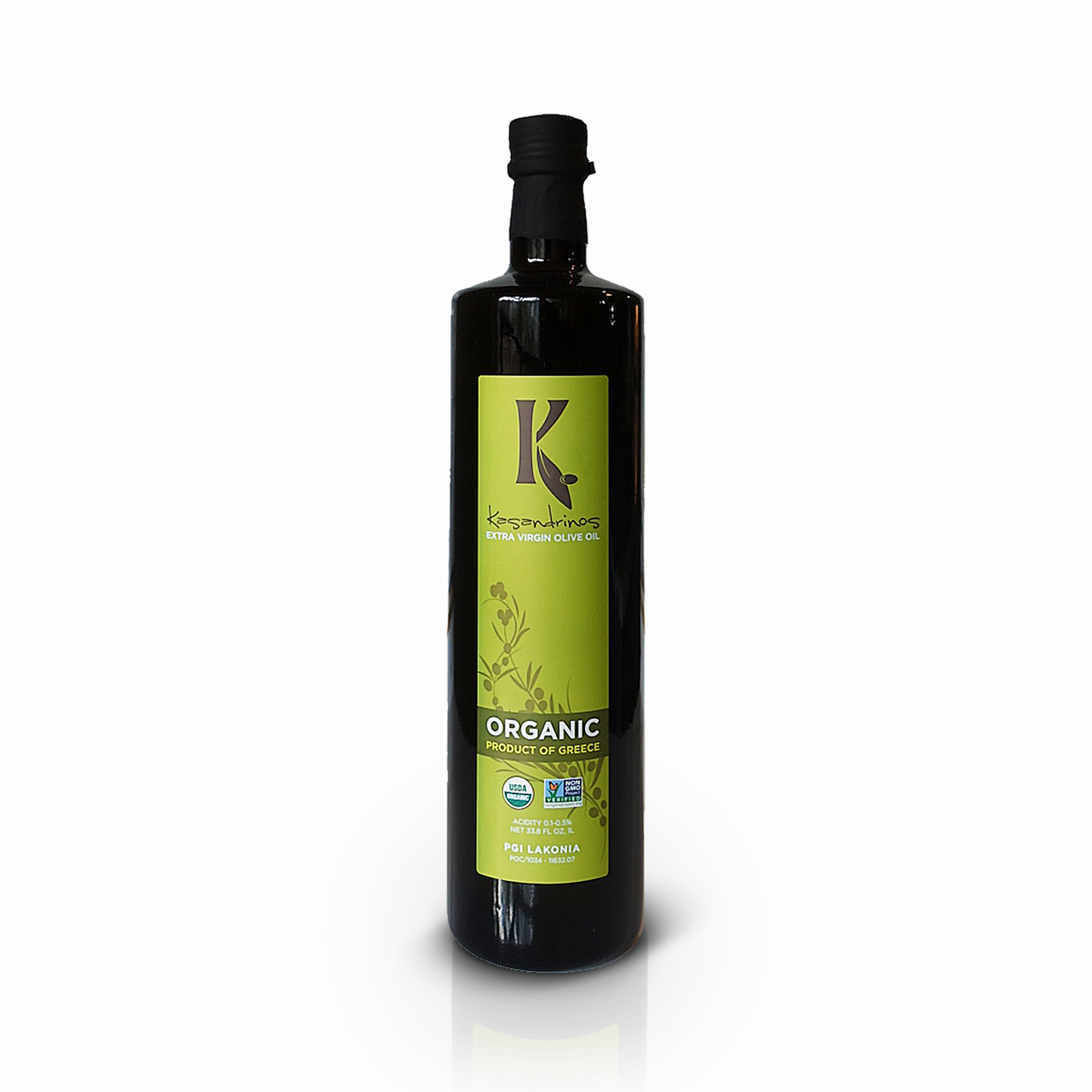 Bottle of K Organic olive oil on a white background