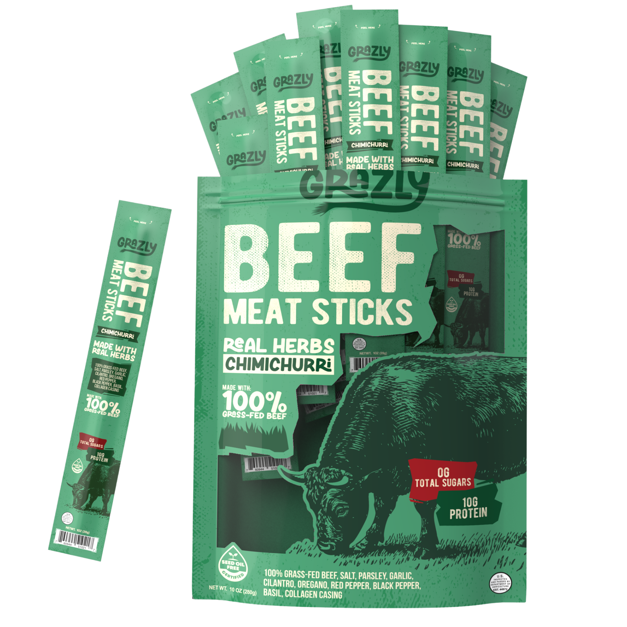 Green packaging of beef meat sticks with multiple sticks displayed in front