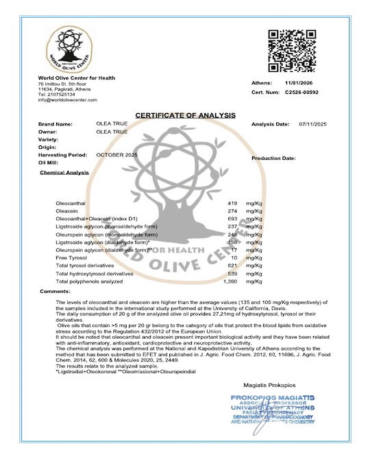 Olea True High Phenolic Olive Oil – 500ml (16.9 fl oz)