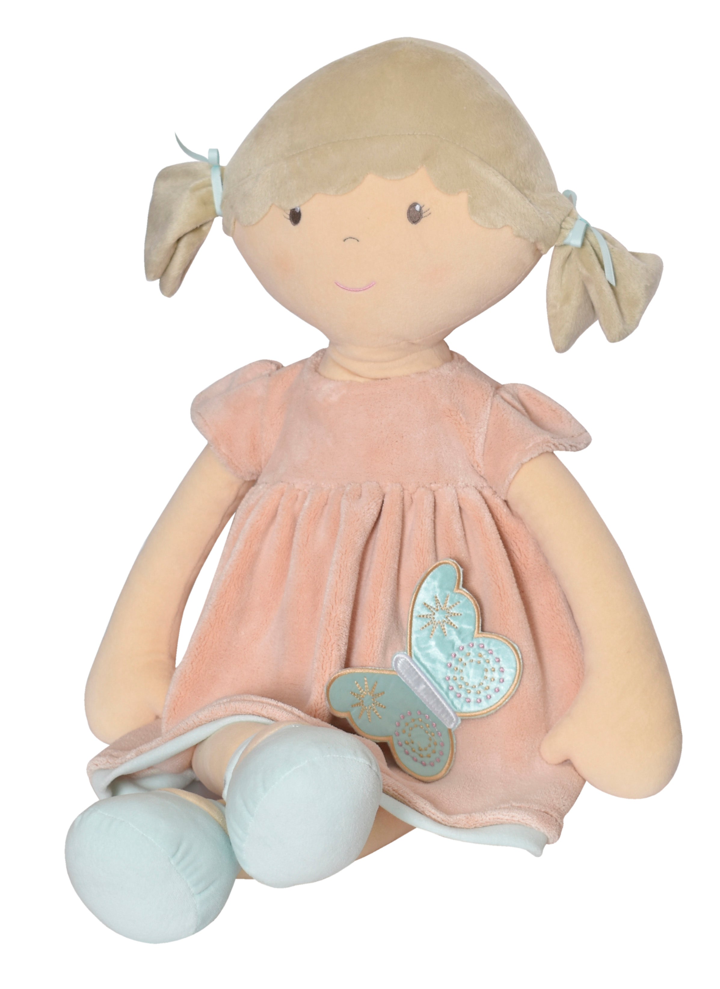 Tikiri Toys Pia X-Large Doll Brown Hair in Peach and Blue Dress