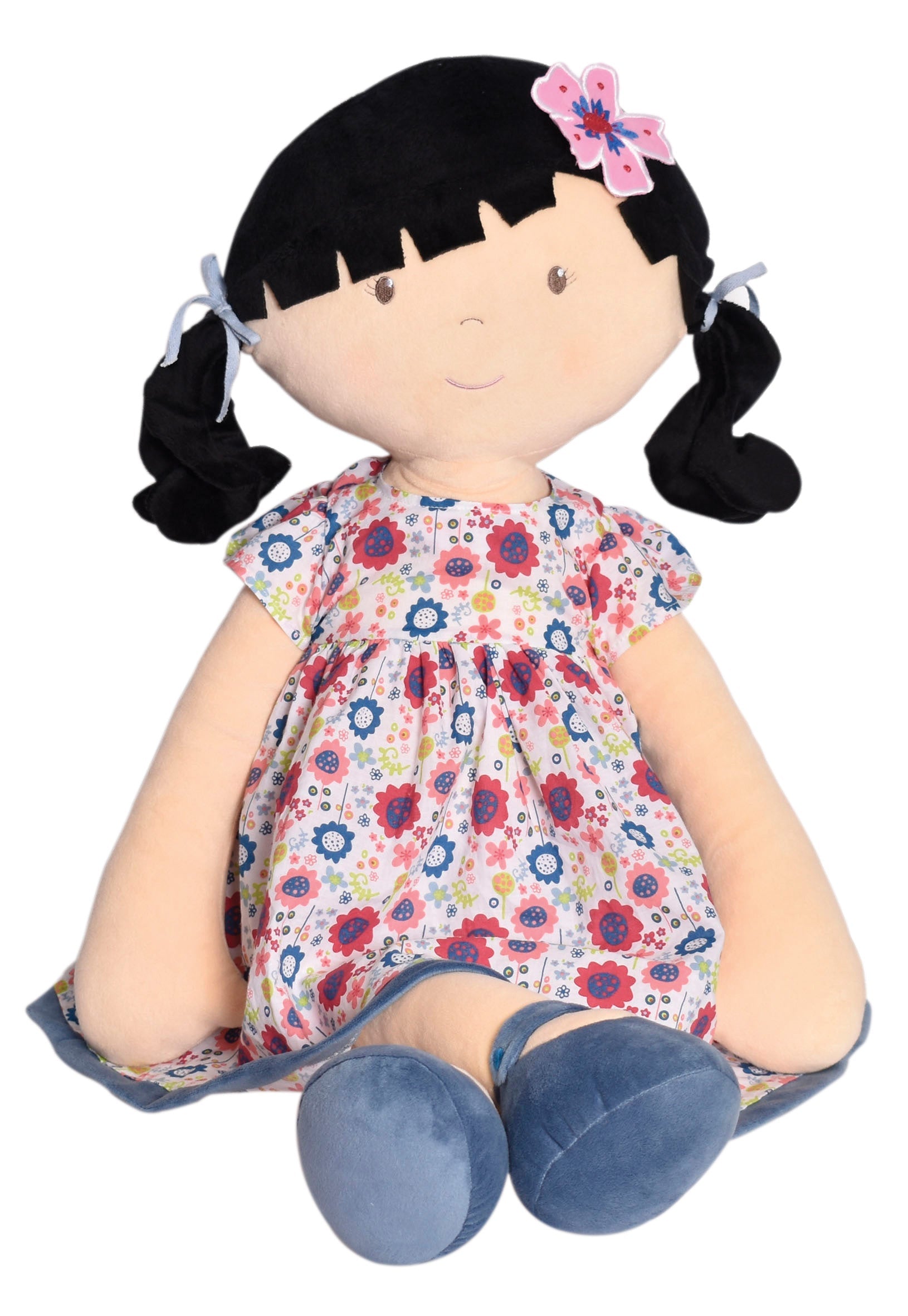 Tikiri Toys Lilac X-Large Black Hair in Blue Floral Dress