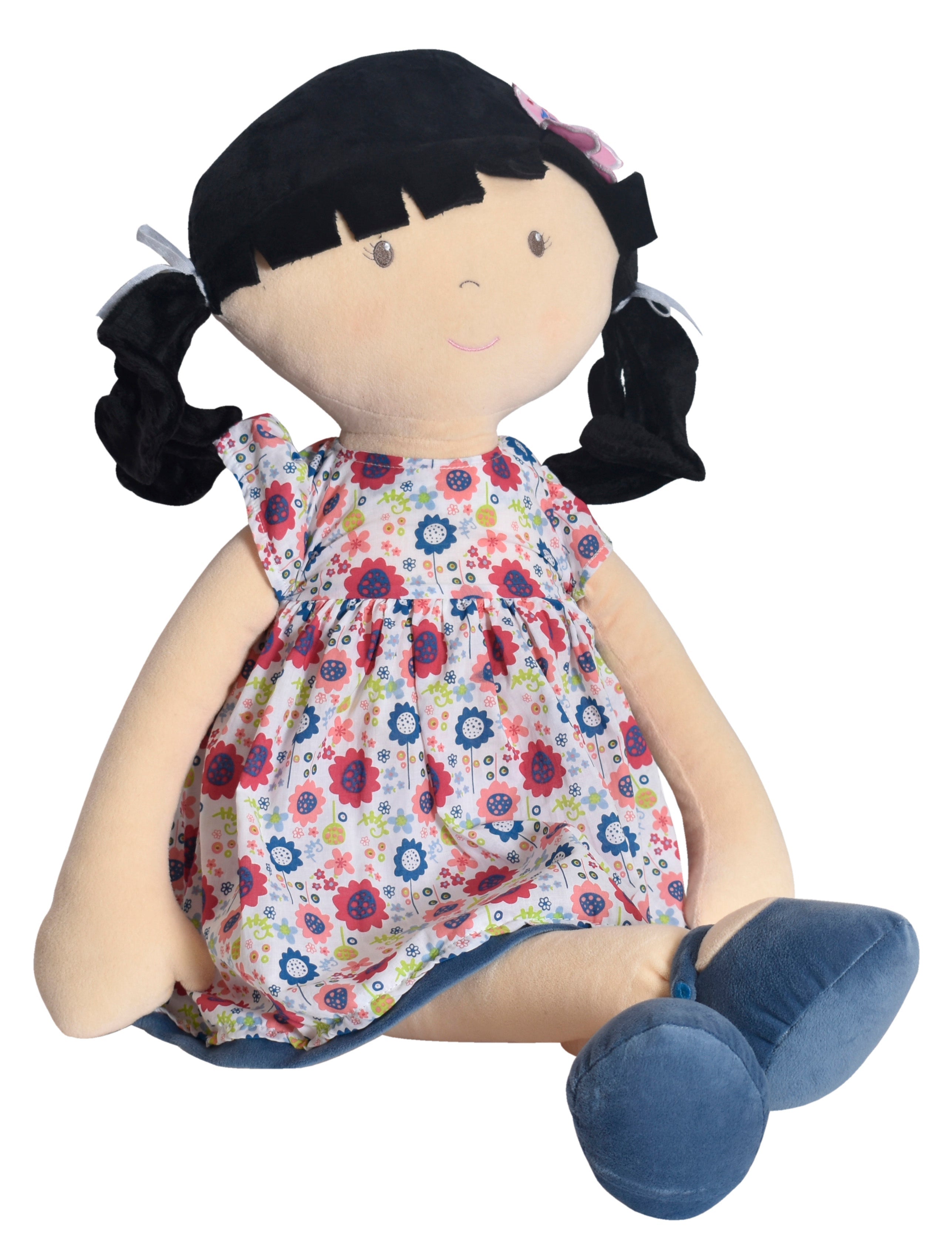 Tikiri Toys Lilac X-Large Black Hair in Blue Floral Dress