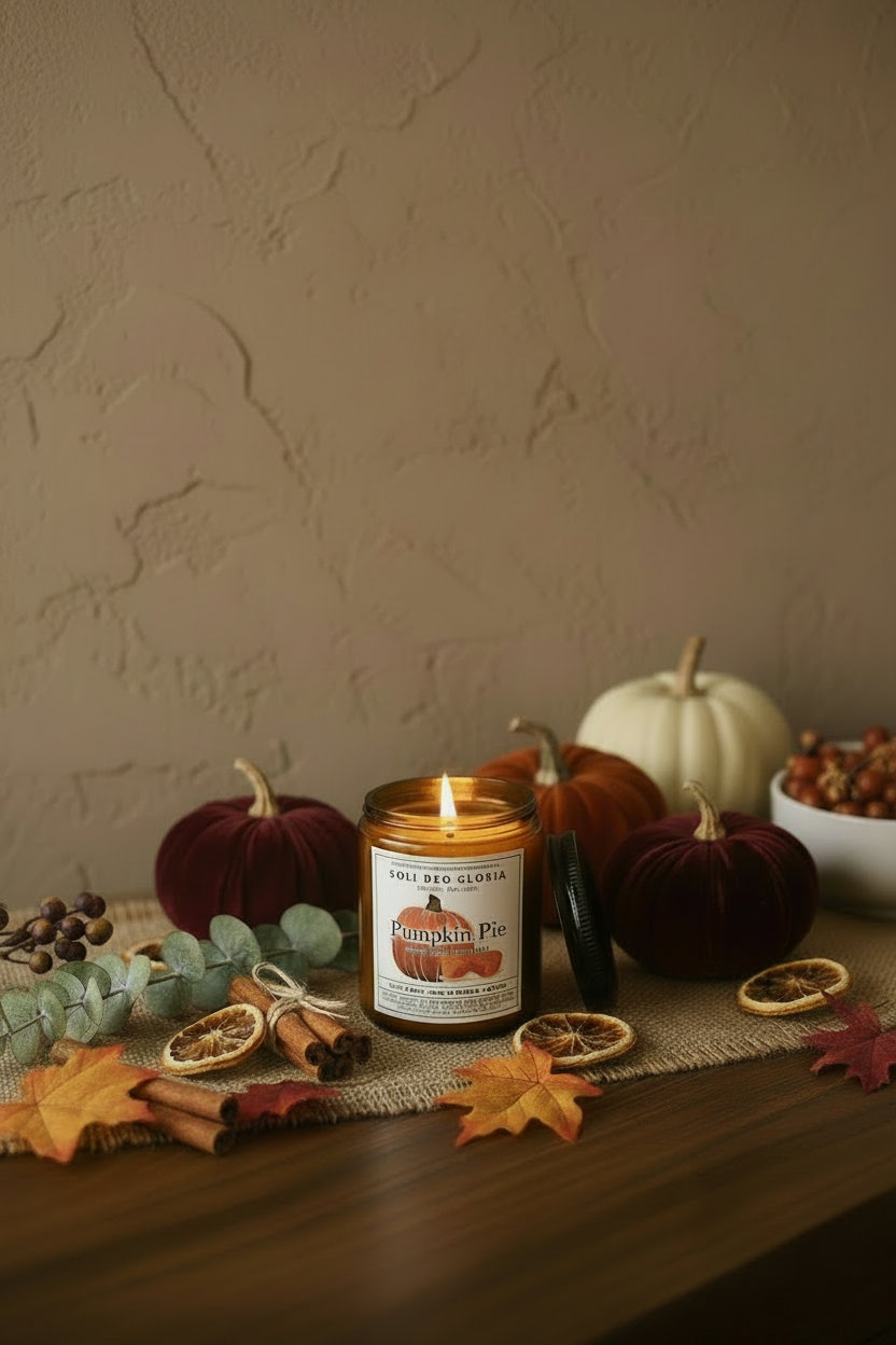 A lit candle in a glass jar labeled 'The Red Clover Pumpkin Spice' sits on a wooden table surrounded by autumn decor, including pumpkins, dried orange slices, cinnamon sticks, and eucalyptus, against a textured beige wall.