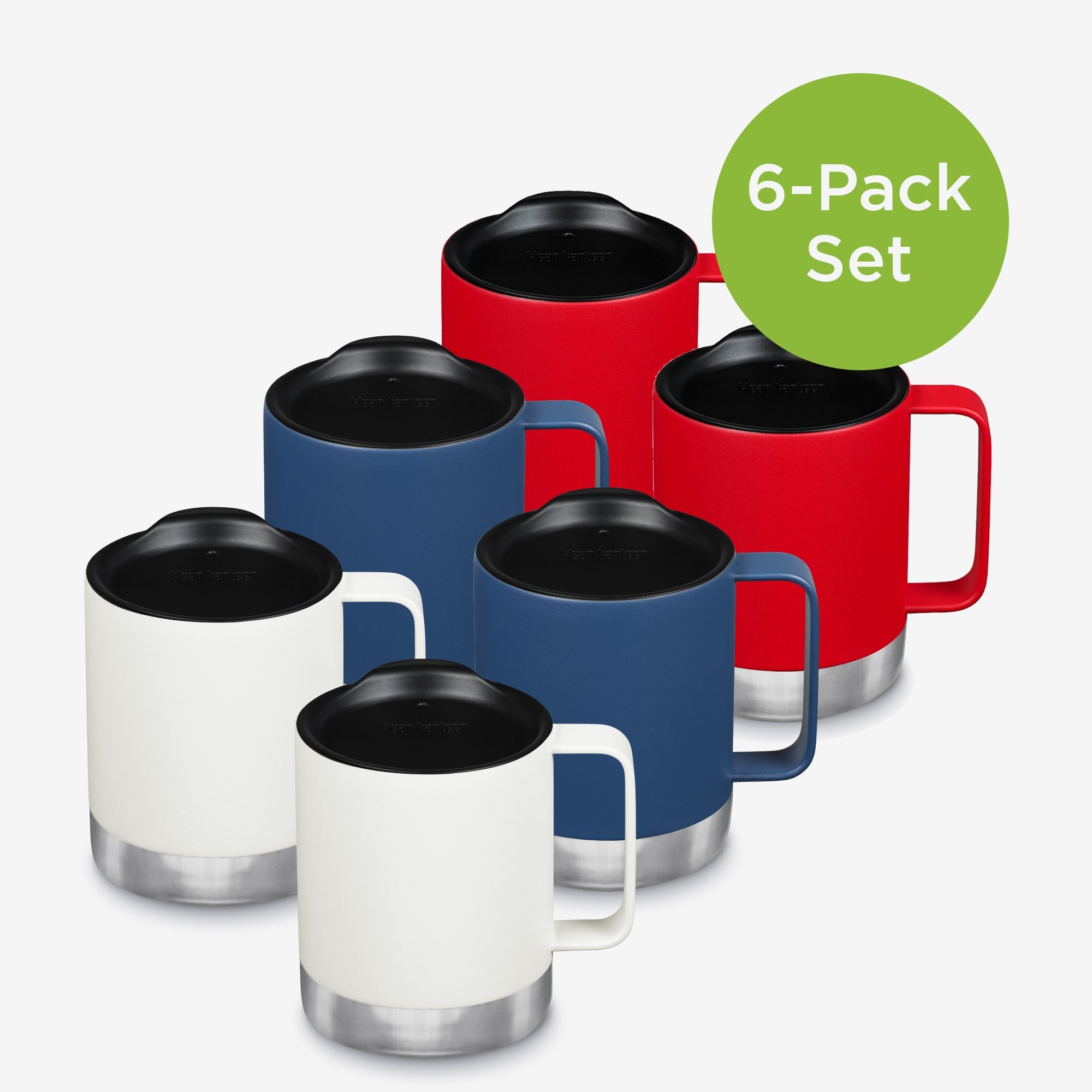 Set of six colorful travel mugs with black lids on a white background, labeled as a '6-Pack Set'.