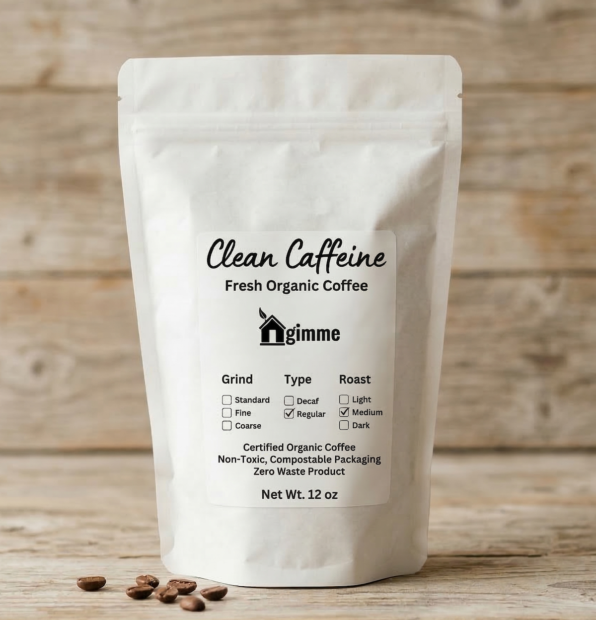 White coffee packaging with 'Clean Caffeine' branding on a wooden surface