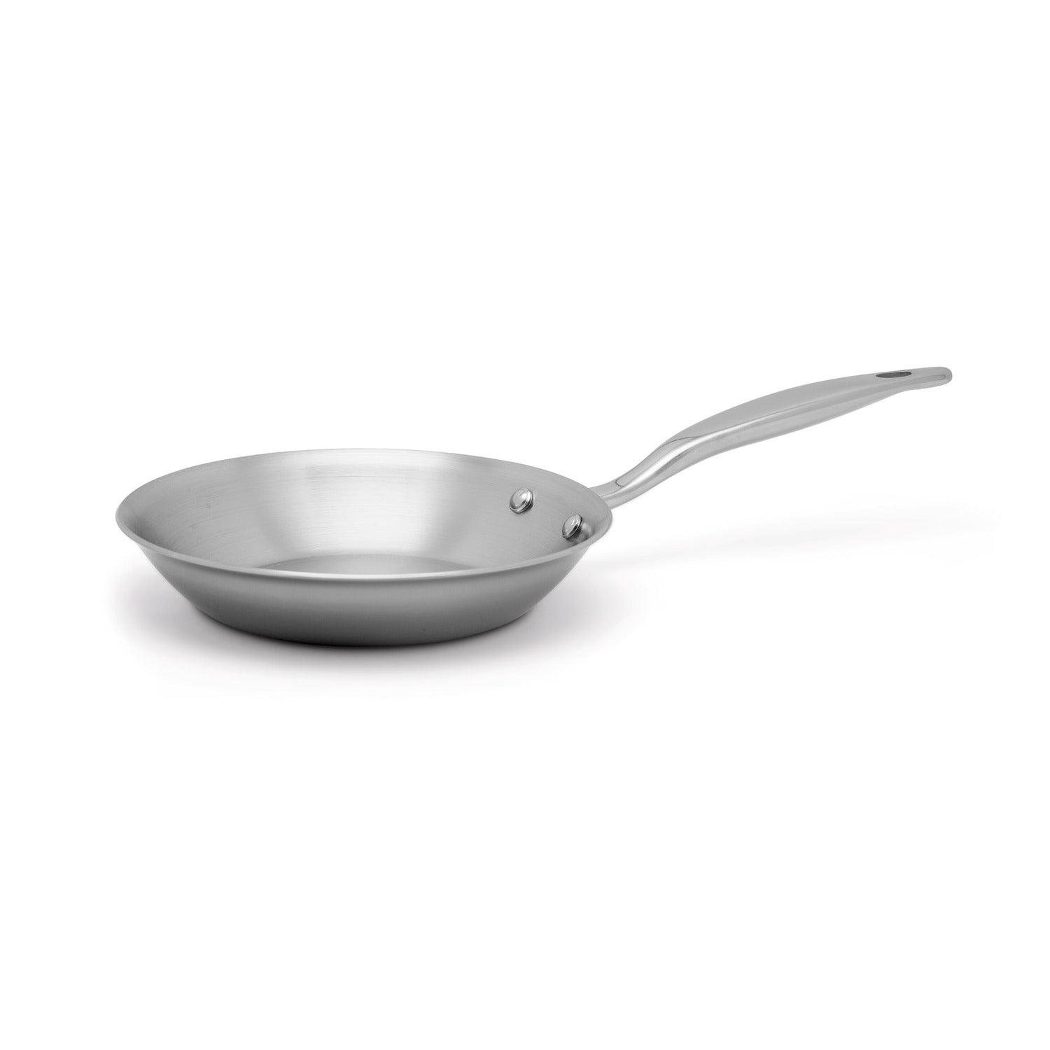 Stainless steel frying pan on a white background