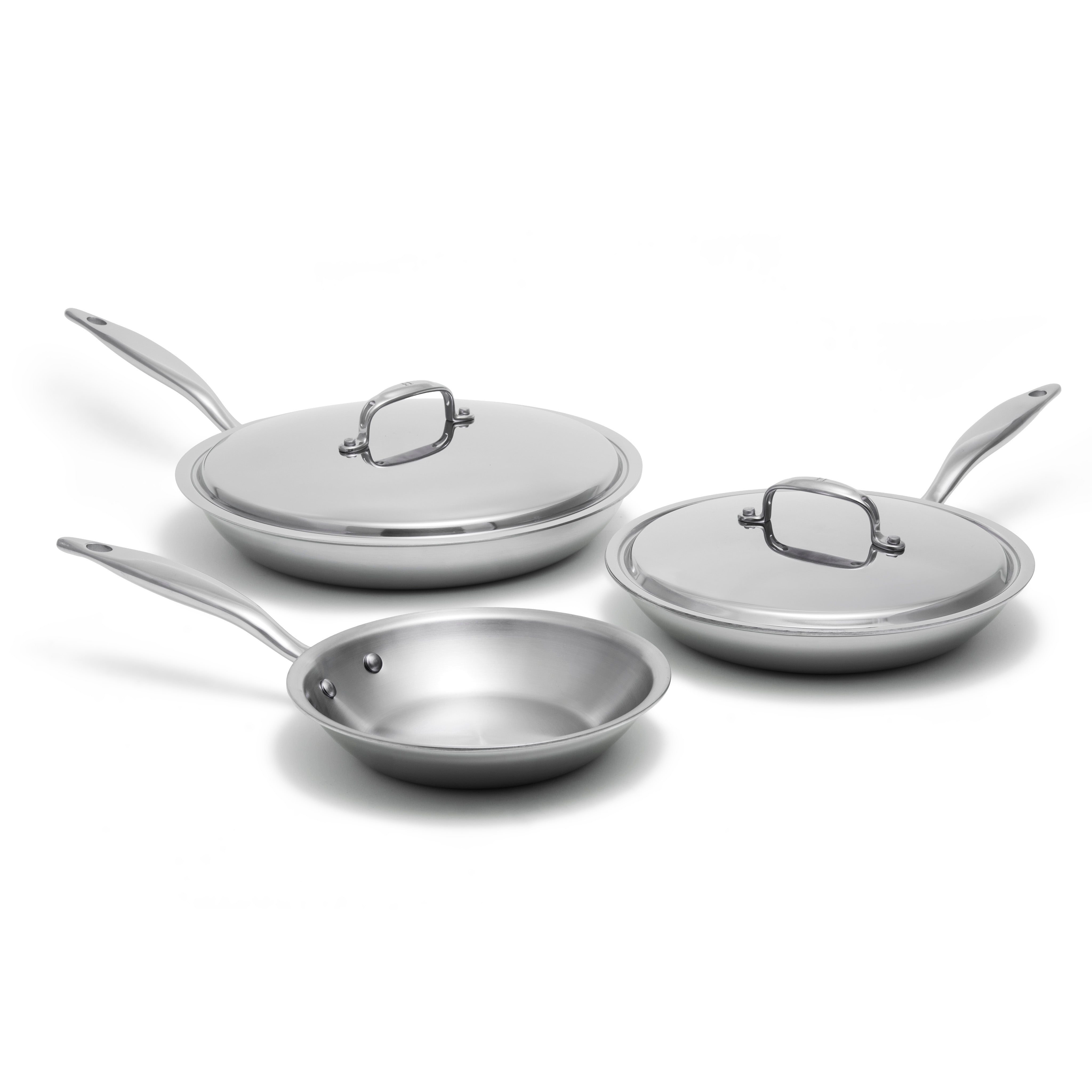 Set of stainless steel cookware with lids on a white background