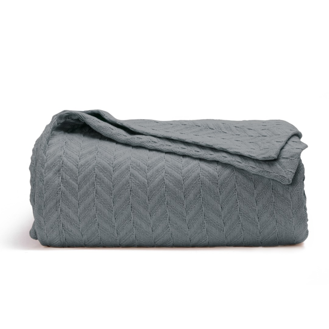 Folded gray quilt with a textured pattern on a white background