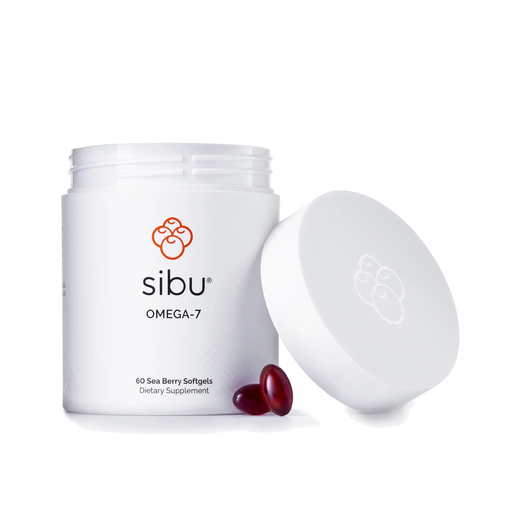Sibu Omega-7 supplement jar with two red capsules on a white background