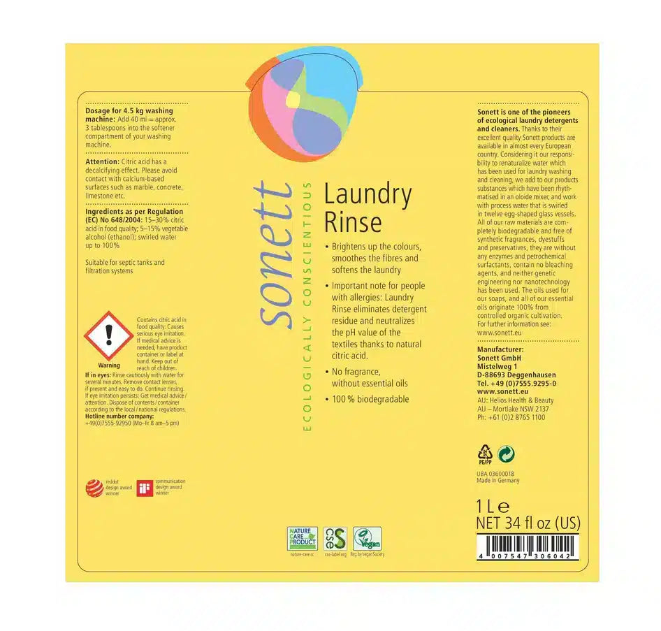 Sonett Organic Laundry Rinse Label
