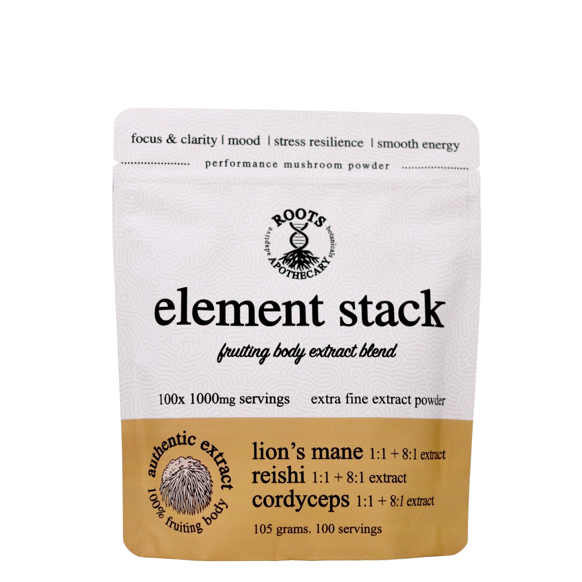 Package of 'element stack' mushroom powder with Roots Herbals branding on a white background