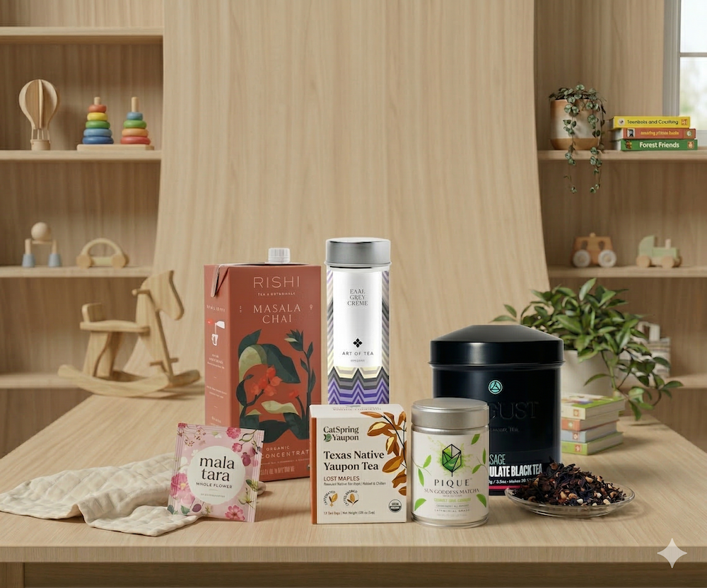 An assortment of premium tea products, including Rishi Chai and Pique Matcha, arranged on a wooden table in a minimalist nursery.
