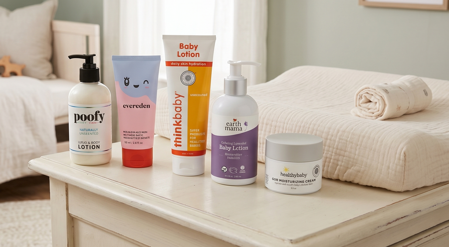 Five baby skincare products—Poofy, Evereden, Thinkbaby, Earth Mama, and HealthyBaby—arranged on a cream-colored changing table in a sunlit nursery.