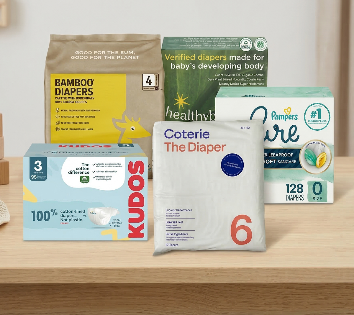 Various premium diaper brands, including Kudos and Coterie, arranged on a wooden table in a brightly lit, minimalist nursery.