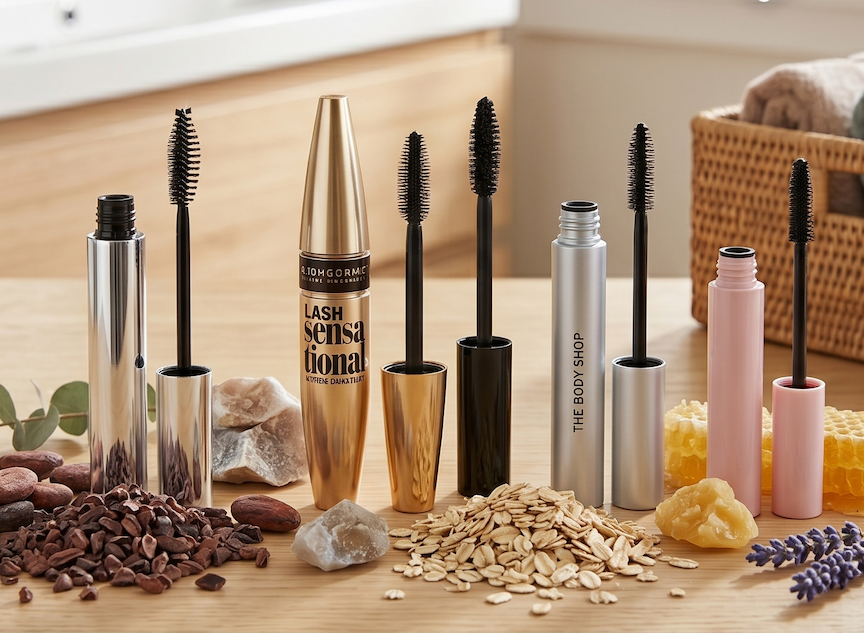 short alt text  A collection of natural and non-toxic mascaras displayed with raw ingredients like oats and cocoa beans.