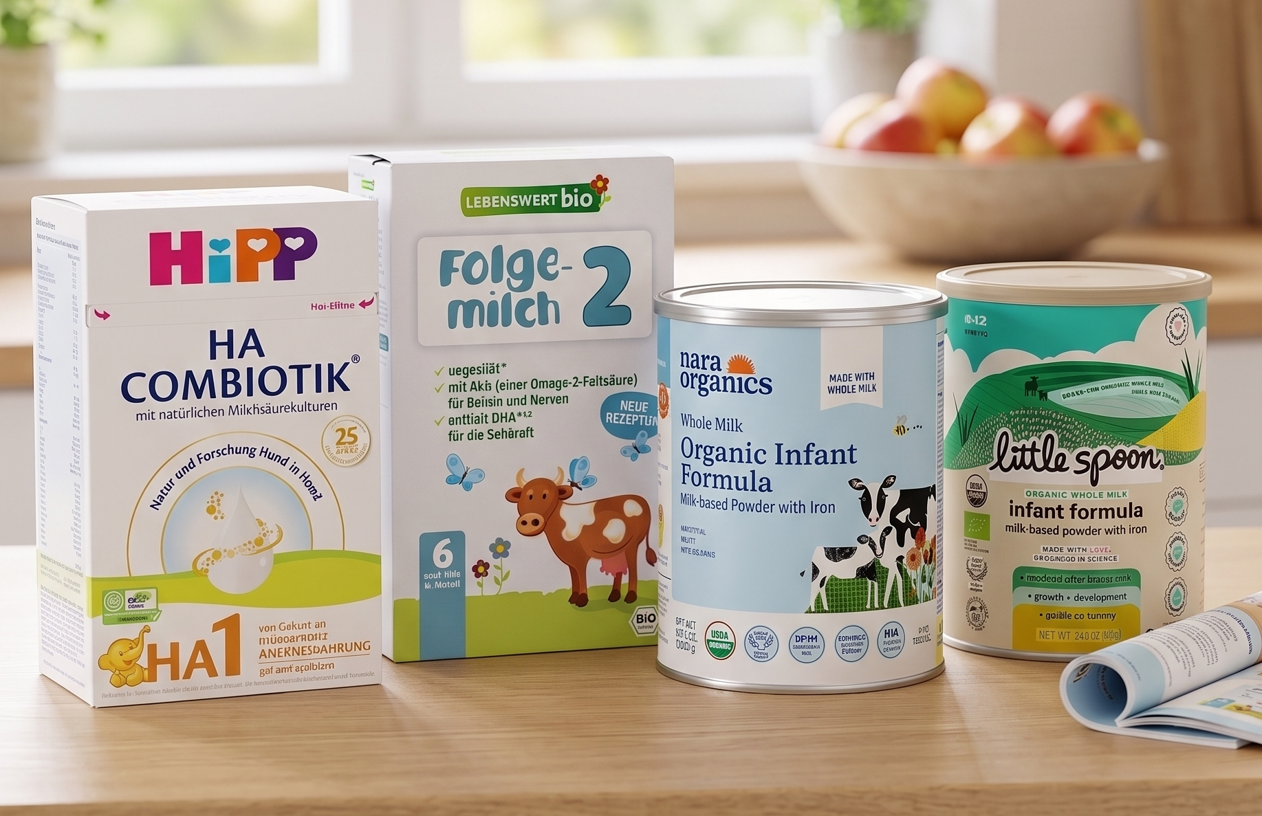 An image for a baby formula guide featuring containers of HiPP, Lebenswert Bio, Nara Organics, and Little Spoon formula lined up on a bright, modern kitchen counter.