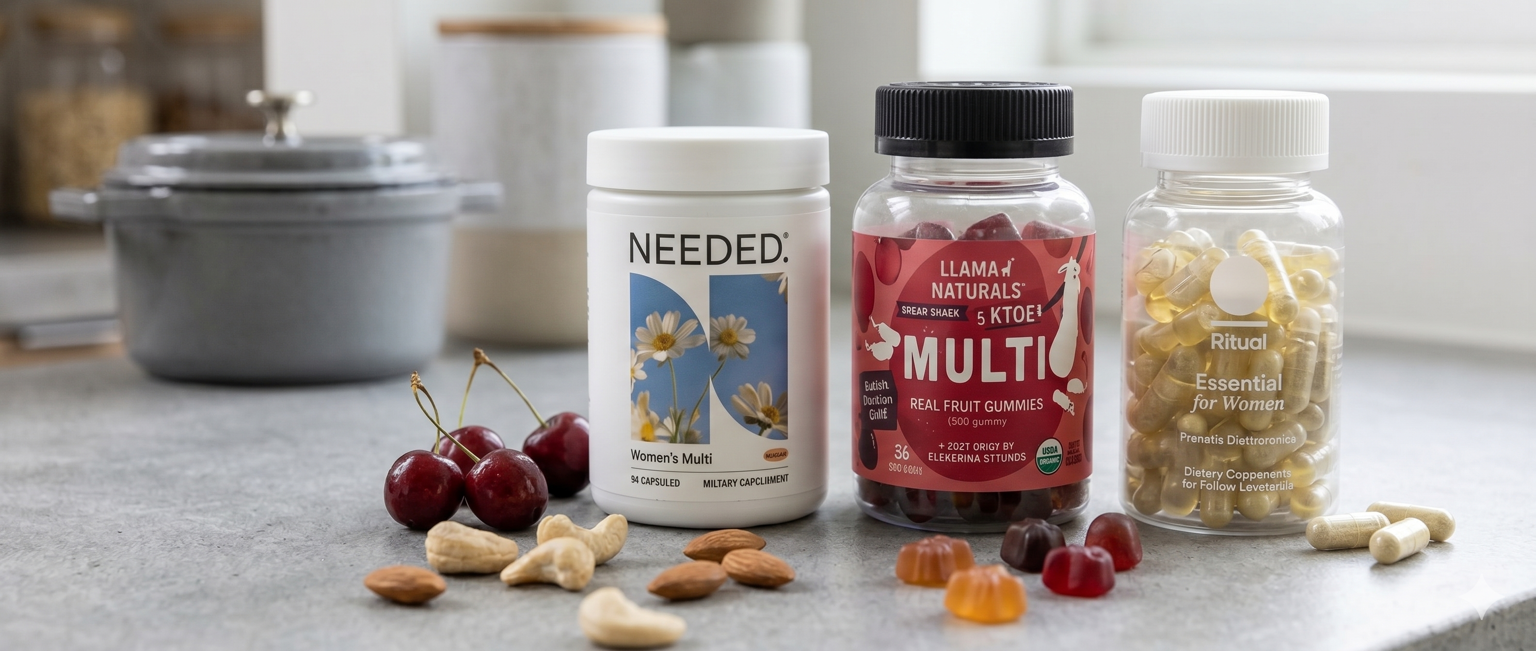 A wide, close-up shot of three supplement products—a white Needed container, a Llama Naturals gummy jar, and a clear Ritual capsule bottle—arranged on a gray kitchen counter alongside fresh cherries, nuts, and loose vitamins.